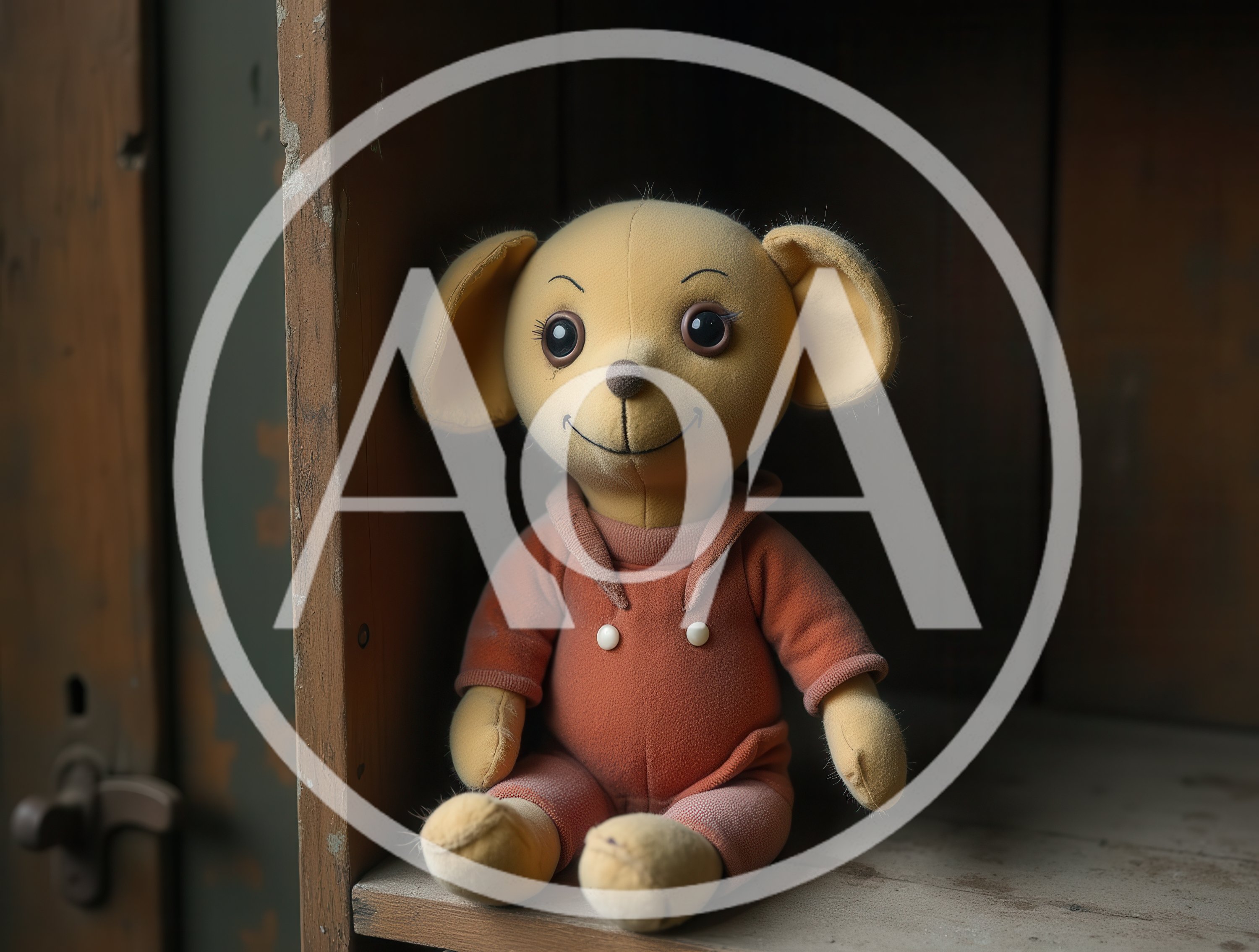Vintage Stuffed Animal Toy Sitting On Wooden Shelf