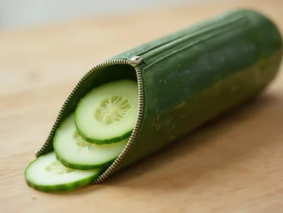 Cucumber Shaped Zipper Pouch With Sliced Cucumber Inside