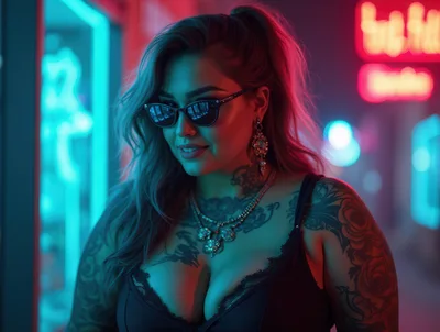 Stylish Woman With Tattoos In Neon Lit City
