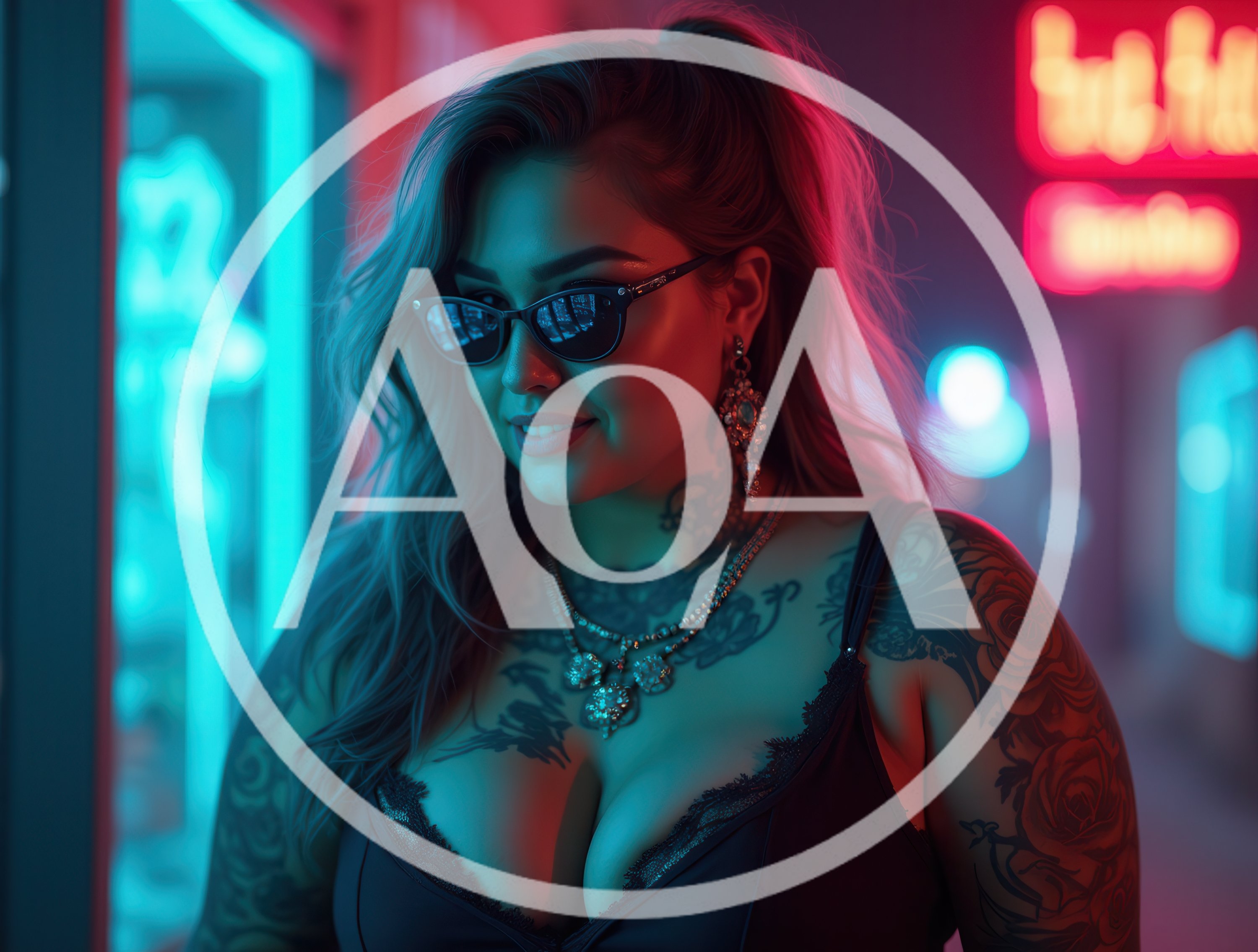 Stylish Woman With Tattoos In Neon Lit City
