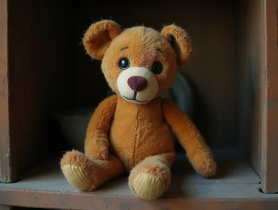 Cute Brown Teddy Bear Sitting On A Wooden Shelf