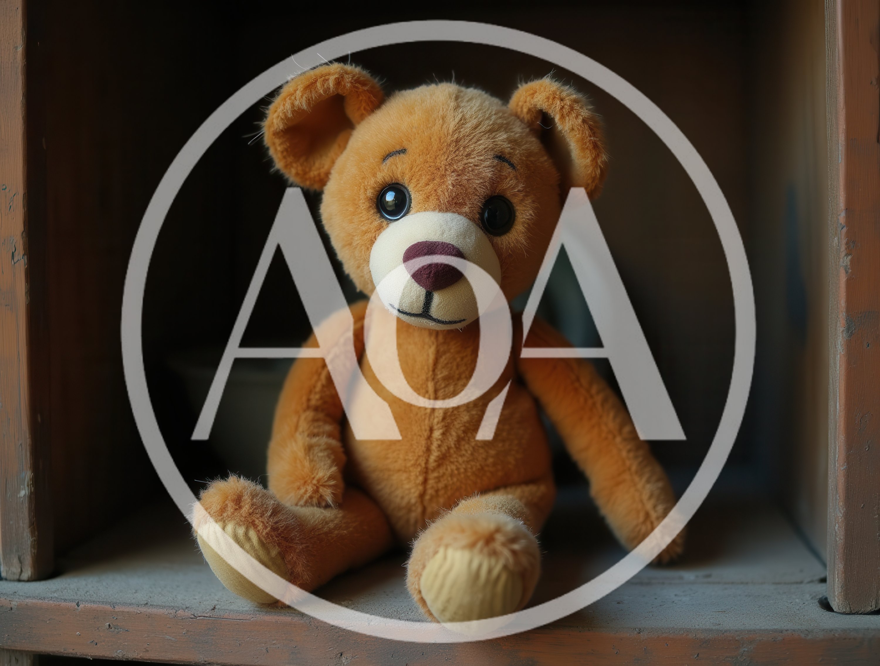Cute Brown Teddy Bear Sitting On A Wooden Shelf