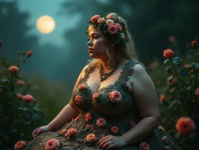 Plus Size Woman Wearing Floral Dress in Rose Garden