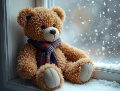 Teddy Bear Sitting On A Snowy Window Sill