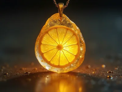 Glowing Lemon Slice Pendant Encased In Amber Resin