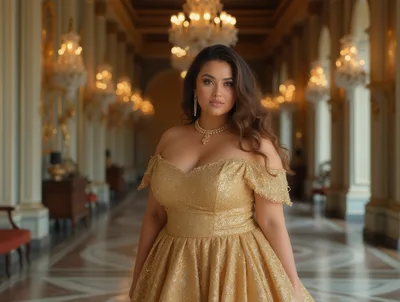 Elegant Woman In Gold Gown Standing In Palace Hallway