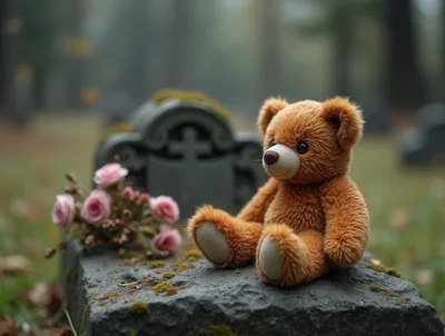 Teddy Bear Sitting on a Grave Marker