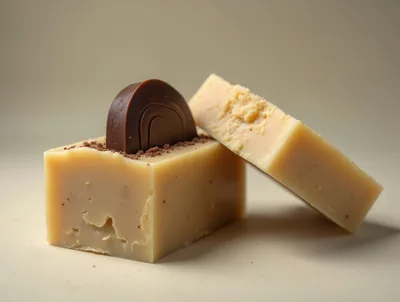 Two Pieces Of Creamy Fudge With Chocolate Topping