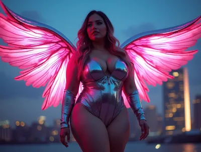 Futuristic Angel With Glowing Pink Wings In Cityscape