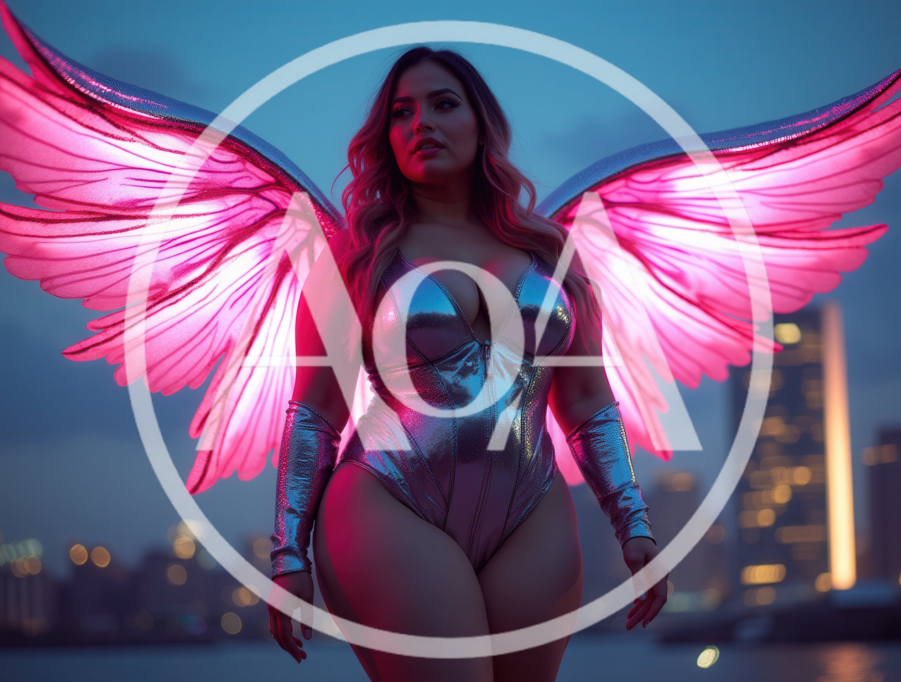 Futuristic Angel With Glowing Pink Wings In Cityscape