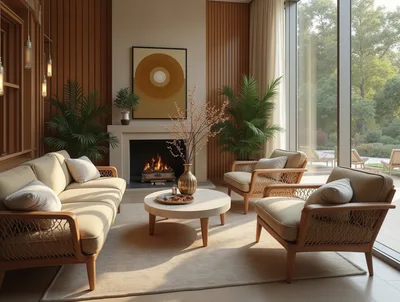 Modern Living Room With Fireplace And Natural Decor