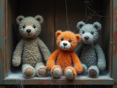 Three Dusty Teddy Bears Sitting On A Wooden Shelf