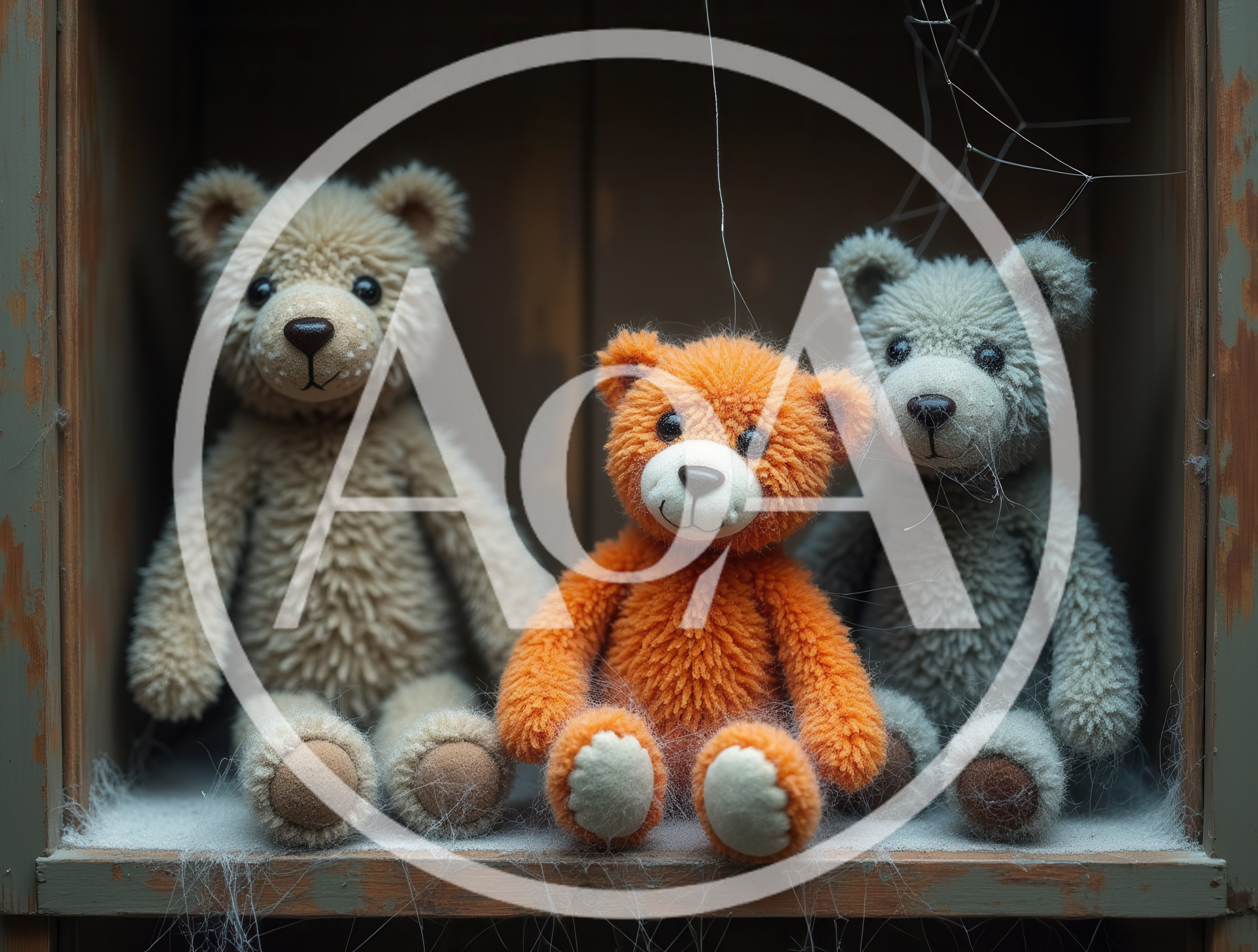 Three Dusty Teddy Bears Sitting On A Wooden Shelf