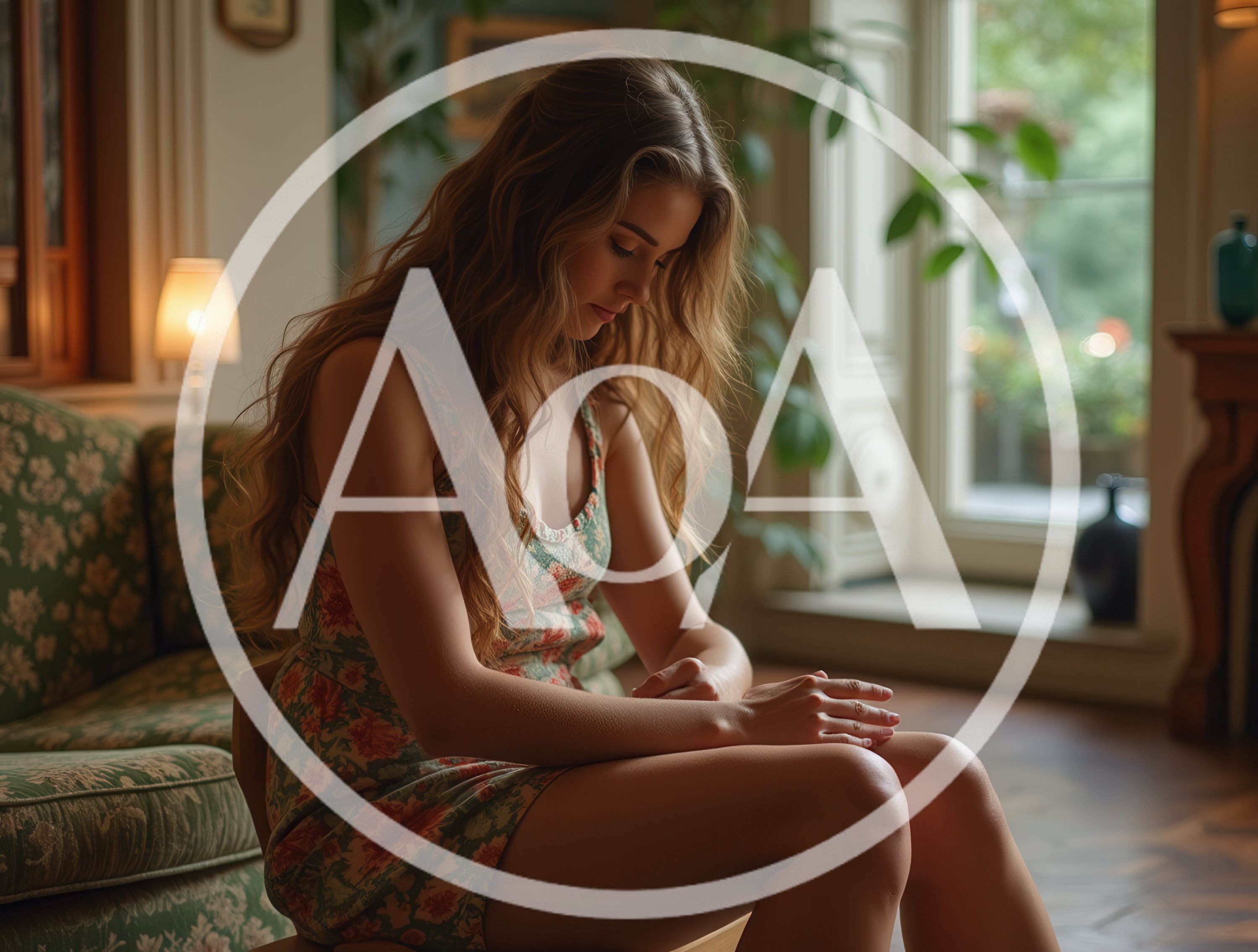 Pensive Young Woman Sitting Alone In A Living Room