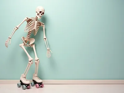Human Skeleton Wearing Roller Skates Against Pastel Wall