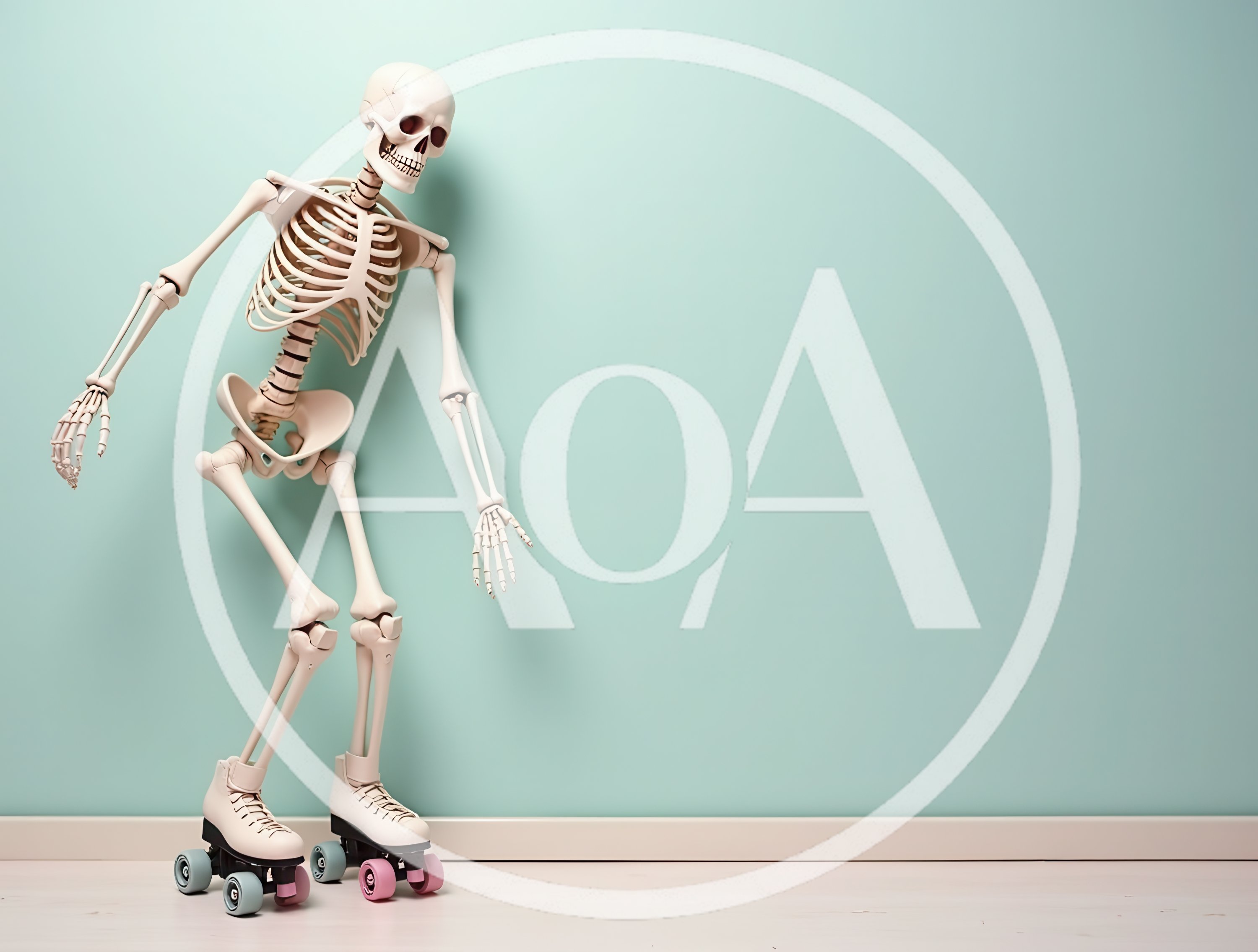 Human Skeleton Wearing Roller Skates Against Pastel Wall