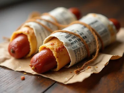 Two Gourmet Hot Dogs Wrapped In Paper And Twine
