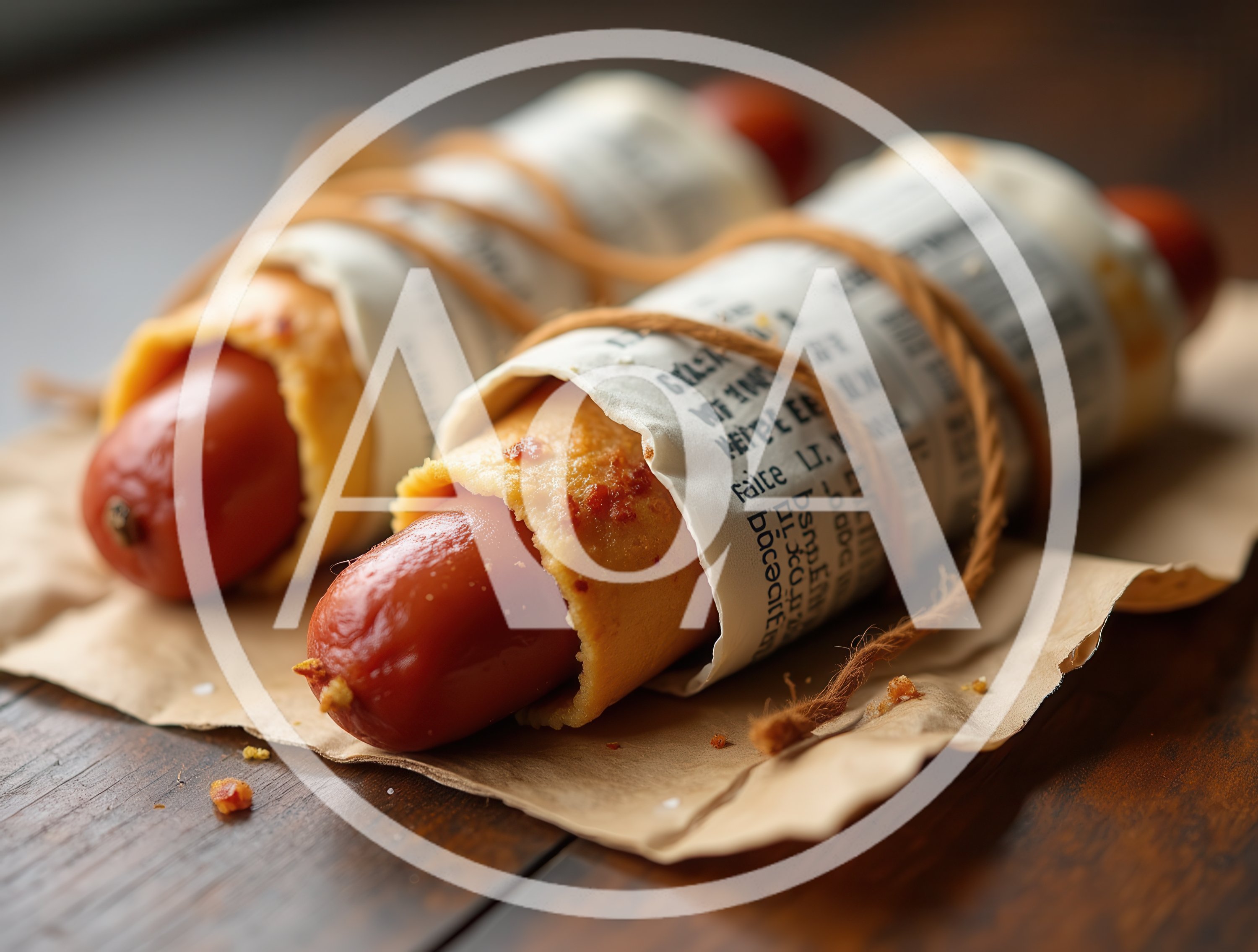Two Gourmet Hot Dogs Wrapped In Paper And Twine