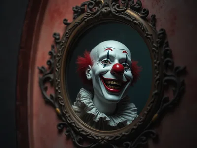Creepy Clown Portrait Inside Ornate Antique Mirror