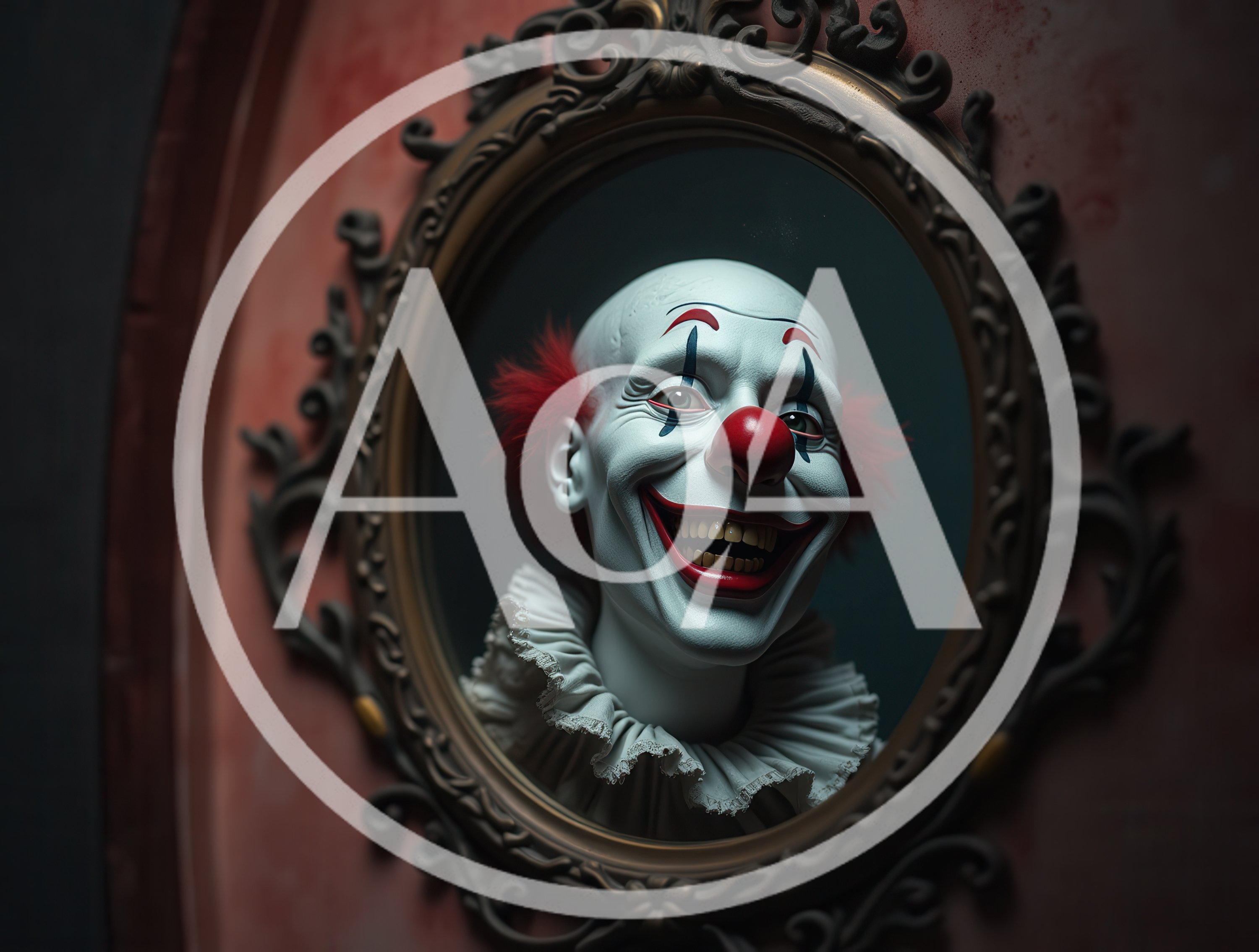 Creepy Clown Portrait Inside Ornate Antique Mirror