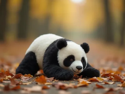 Plush Panda Toy Resting On Autumn Leaves