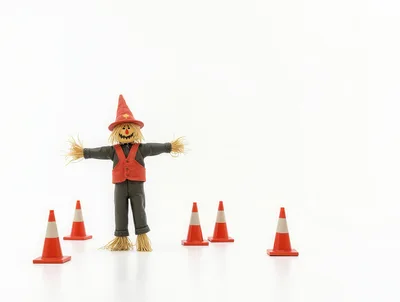 Scarecrow Standing Among Orange Traffic Cones