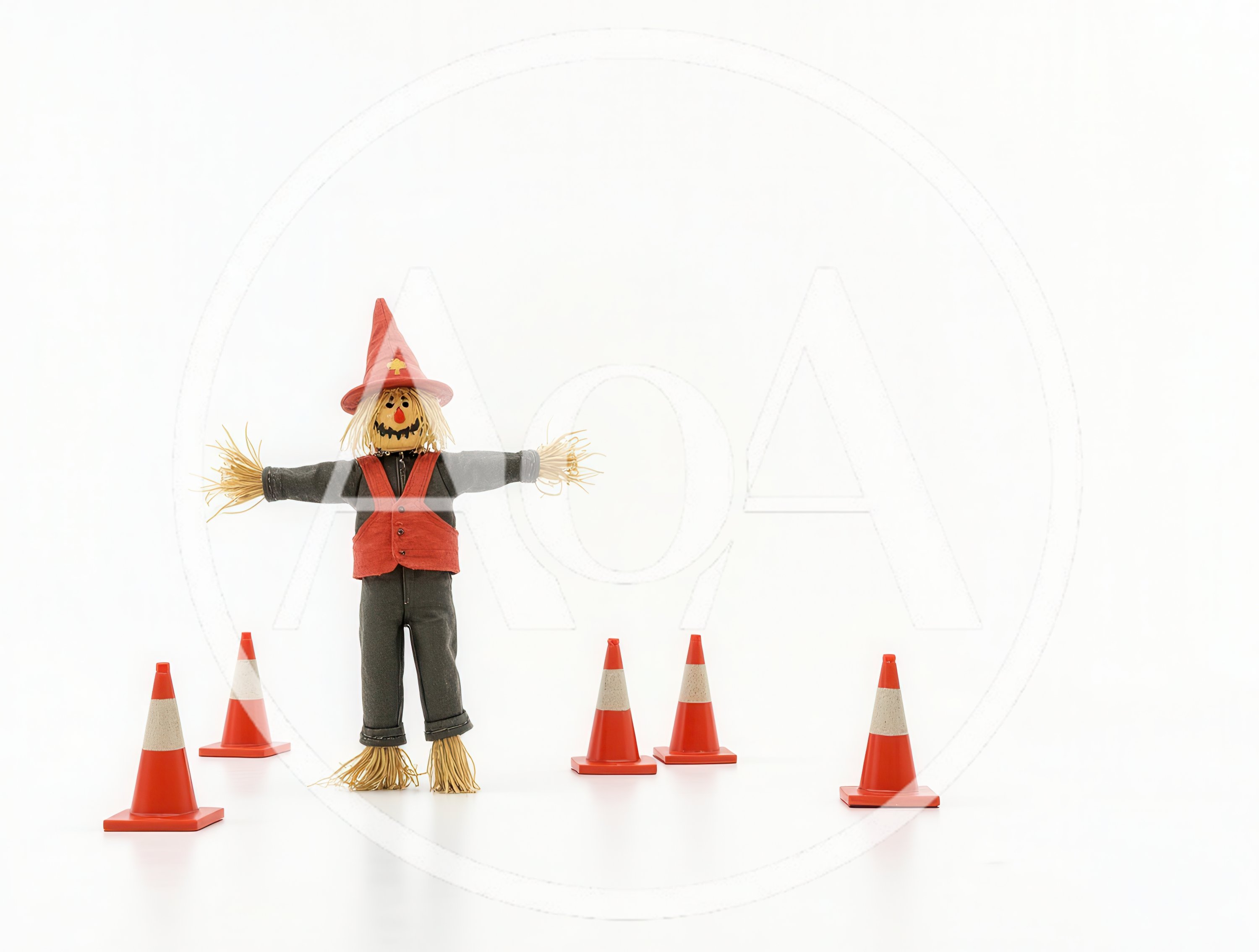Scarecrow Standing Among Orange Traffic Cones