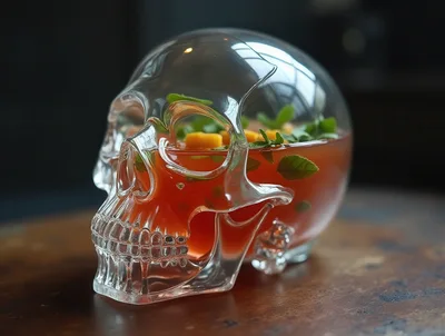 Glass Skull Cocktail With Mint And Fruit Garnish