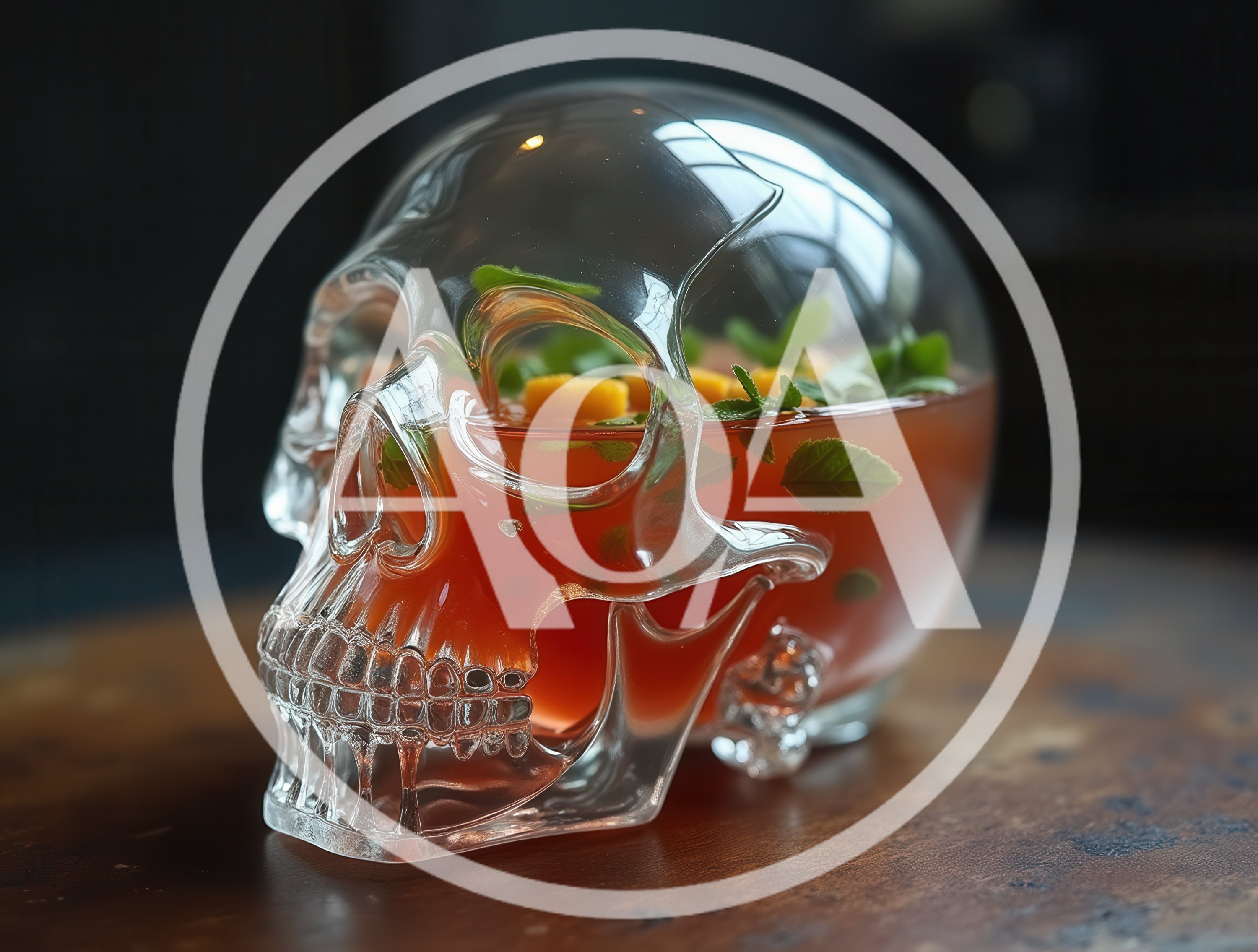 Glass Skull Cocktail With Mint And Fruit Garnish