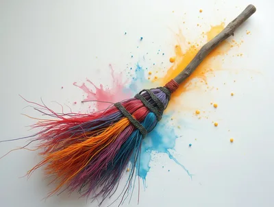 Colorful Witch Broomstick With Vibrant Paint Splashes