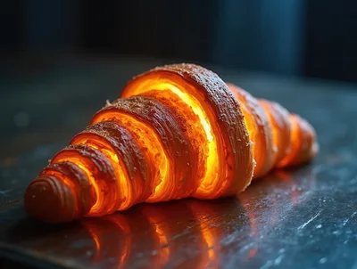 Glowing Golden Croissant on Dark Reflective Surface