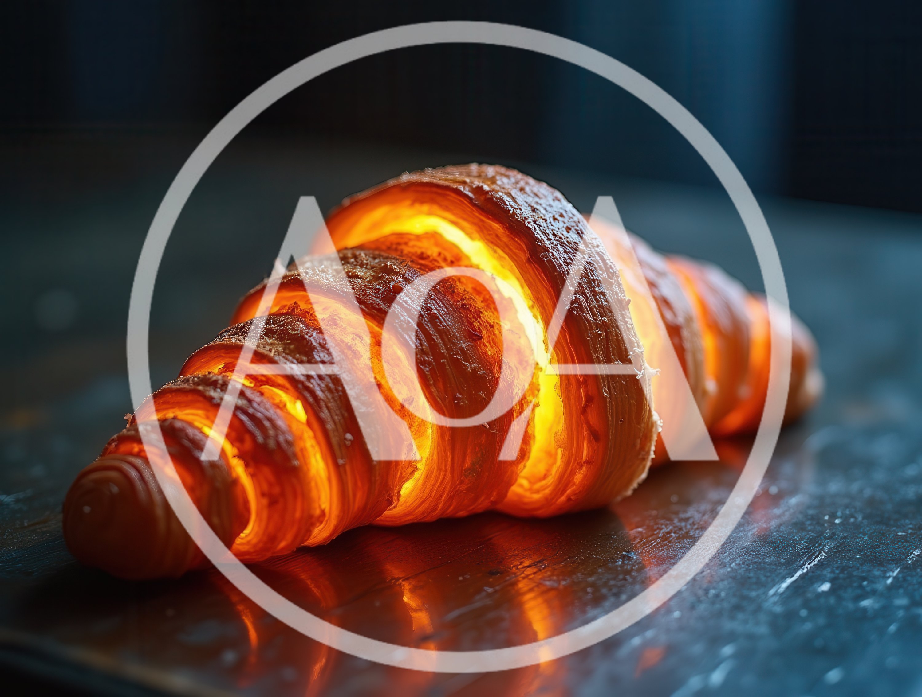Glowing Golden Croissant on Dark Reflective Surface