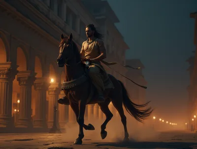 Warrior Riding Horse Through Ancient Classical City