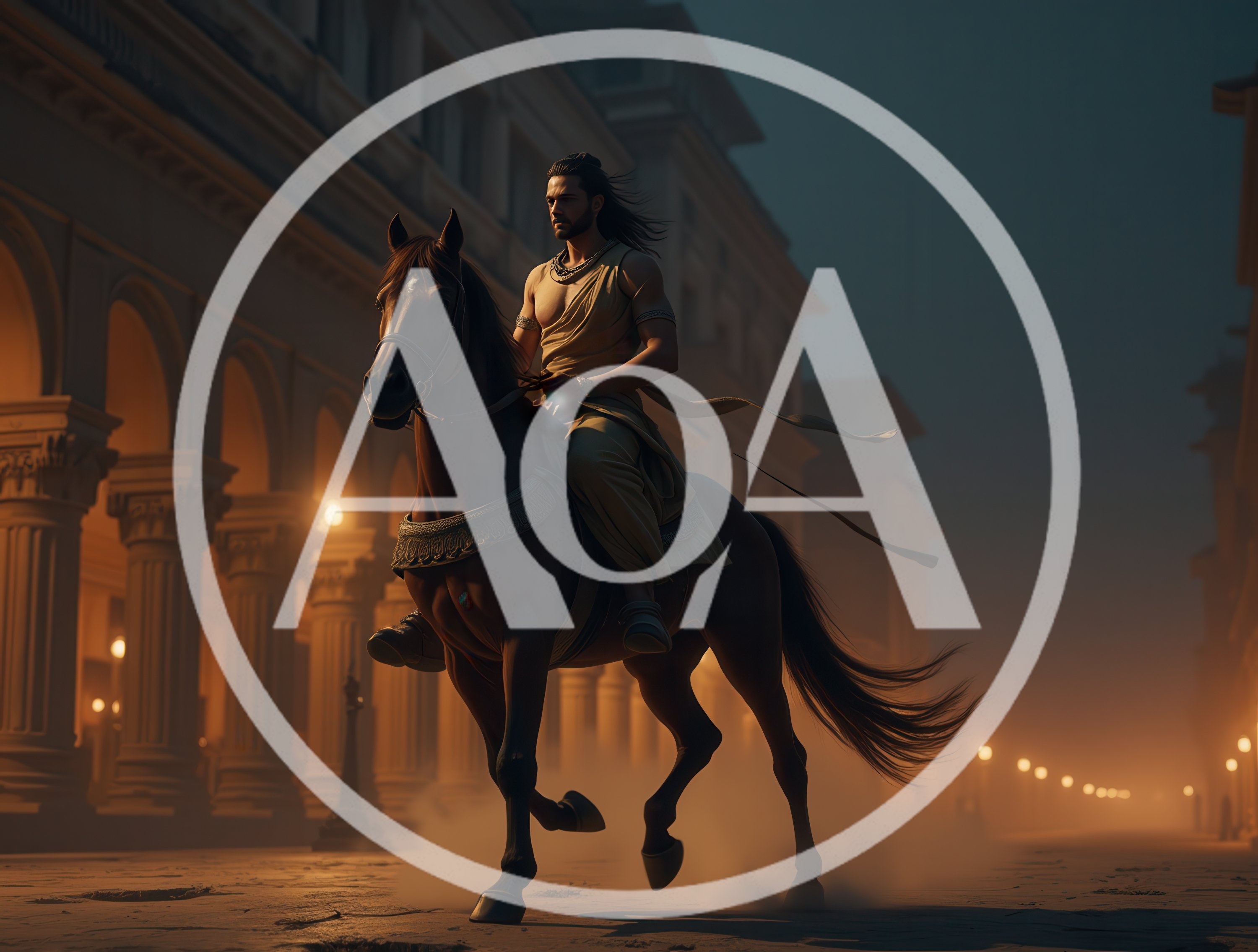 Warrior Riding Horse Through Ancient Classical City