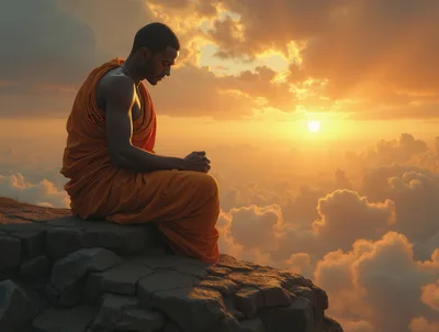 Buddhist Monk Meditating Above Clouds at Sunset