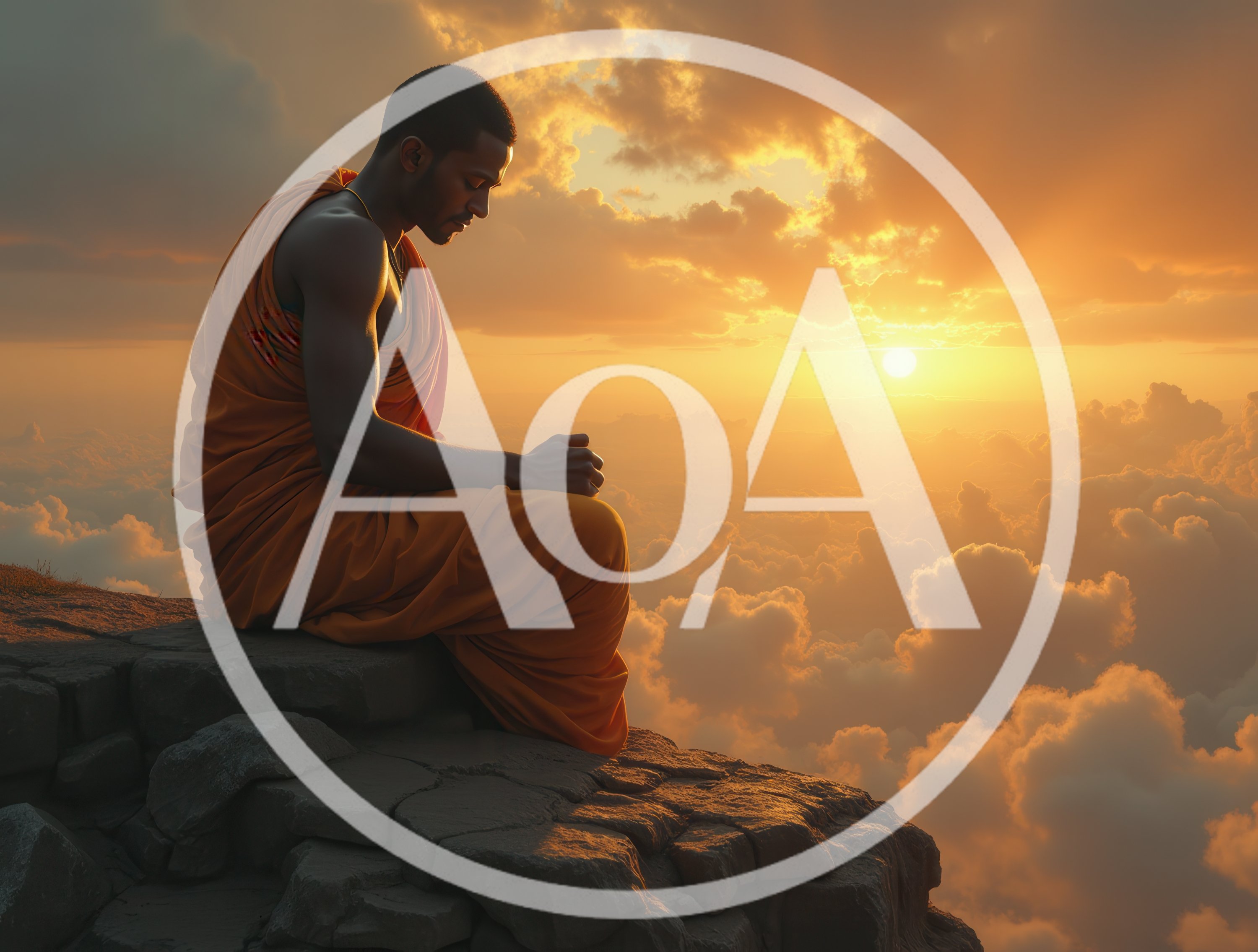 Buddhist Monk Meditating Above Clouds at Sunset