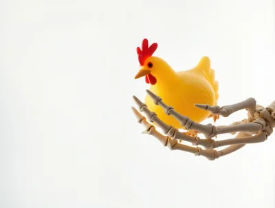 Skeleton Hand Holding A Yellow Toy Chicken