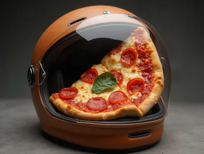 Pepperoni Pizza Slice Inside A Brown Motorcycle Helmet