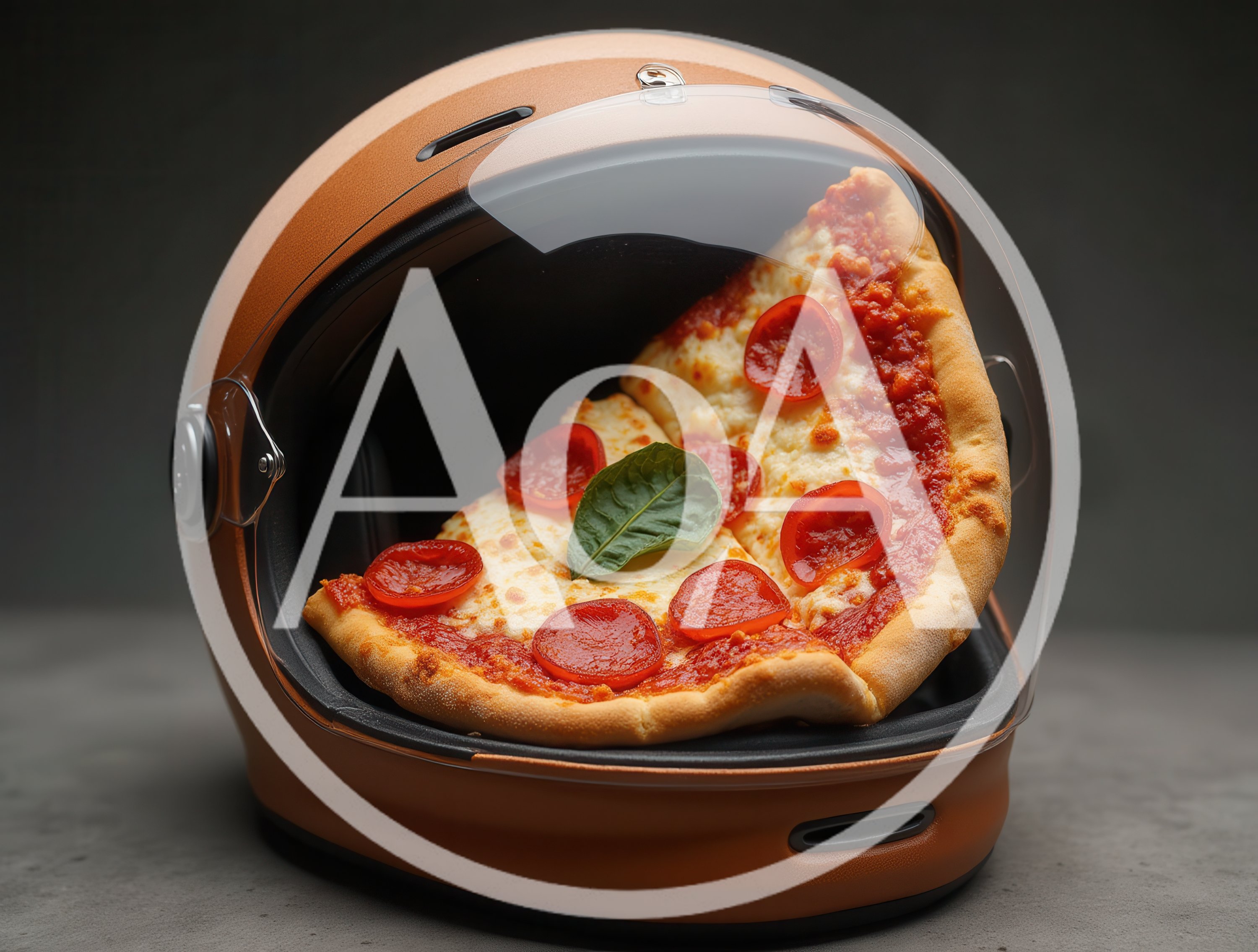 Pepperoni Pizza Slice Inside A Brown Motorcycle Helmet