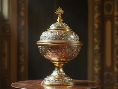 Ornate Gold Ciborium On A Wooden Table
