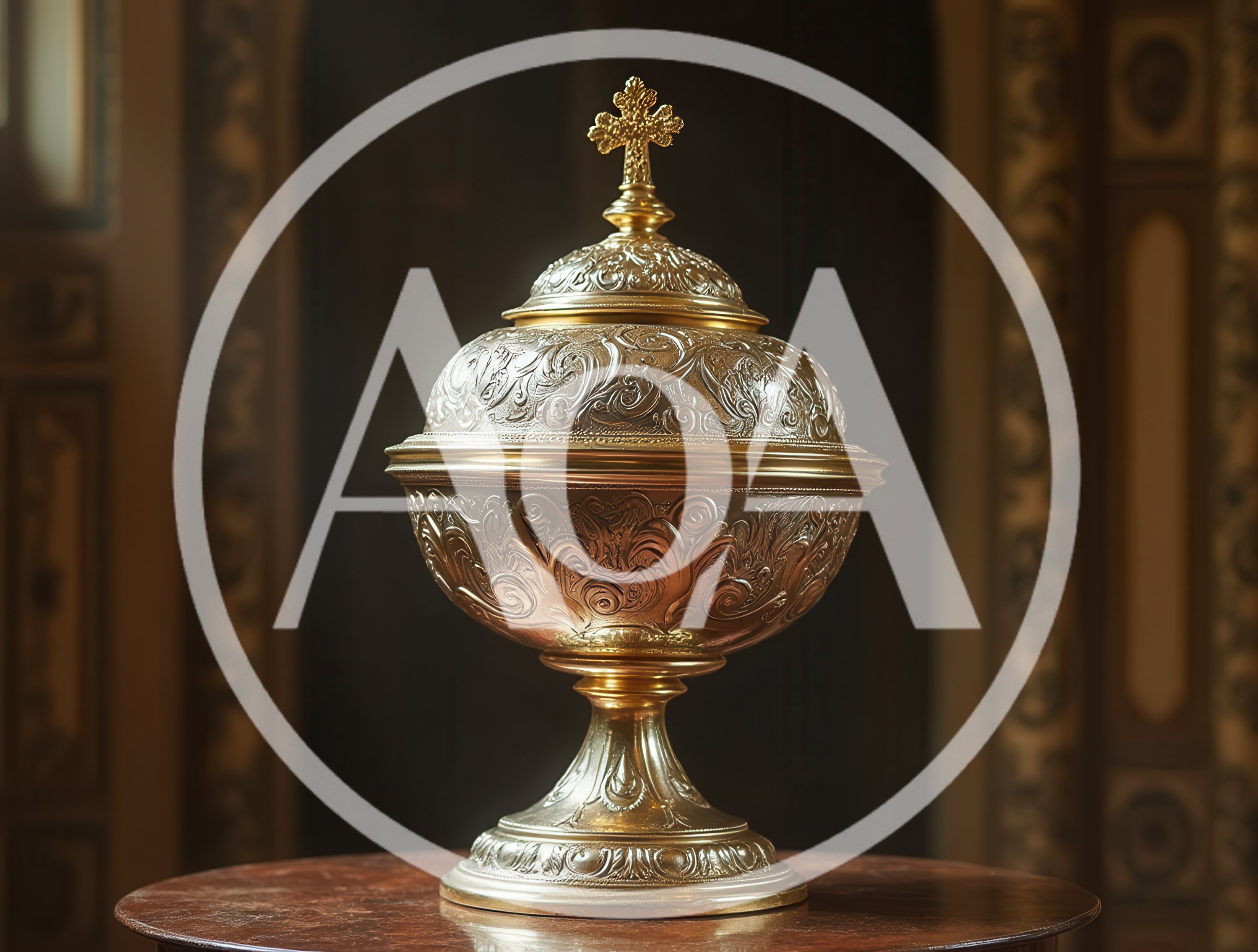 Ornate Gold Ciborium On A Wooden Table
