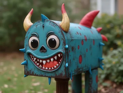 Whimsical Monster Shaped Mailbox In A Garden Setting