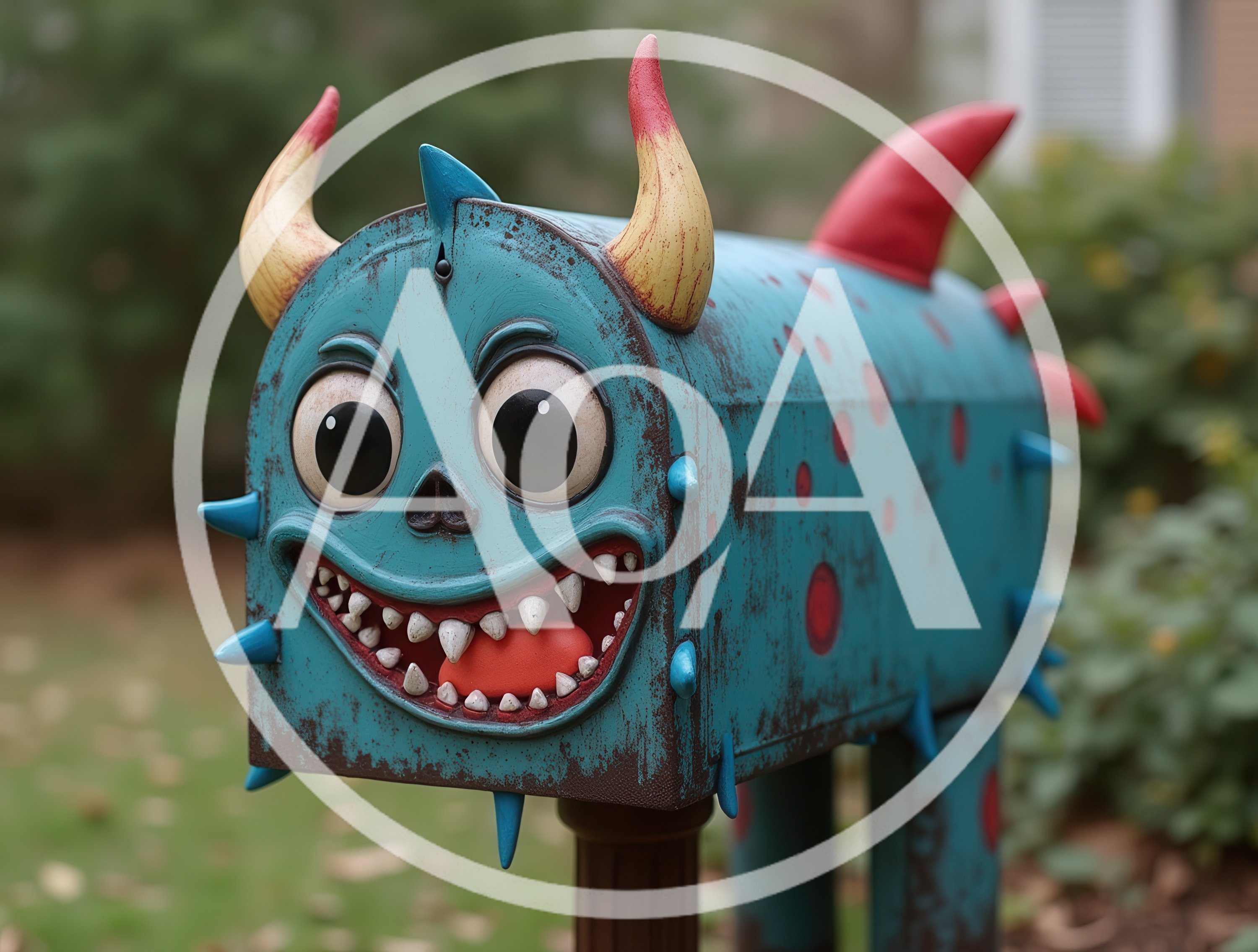 Whimsical Monster Shaped Mailbox In A Garden Setting
