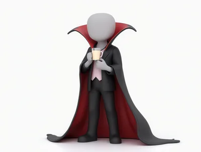 3D Character Dressed As A Vampire Holding A Mug