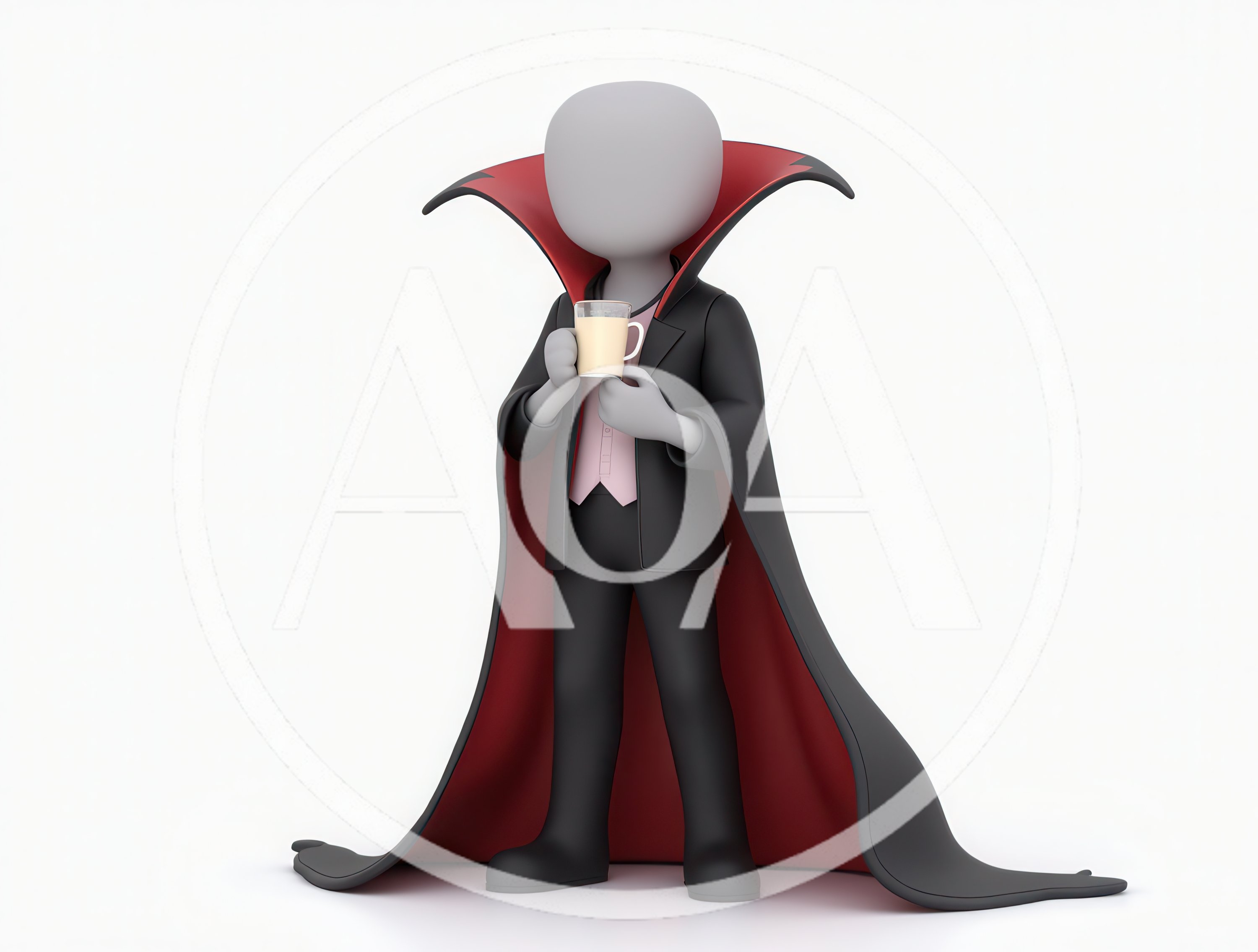 3D Character Dressed As A Vampire Holding A Mug