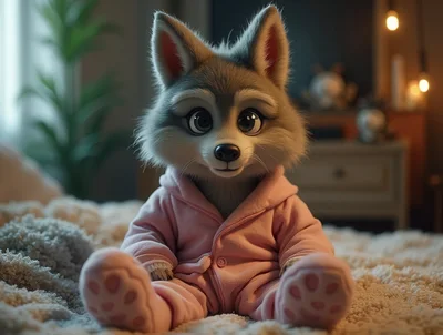 Cute Cartoon Wolf Cub Wearing Pink Pajamas