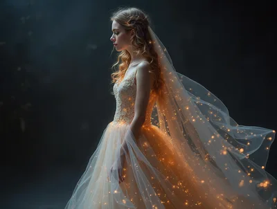 Elegant Bride In Glowing Fairy Light Wedding Dress