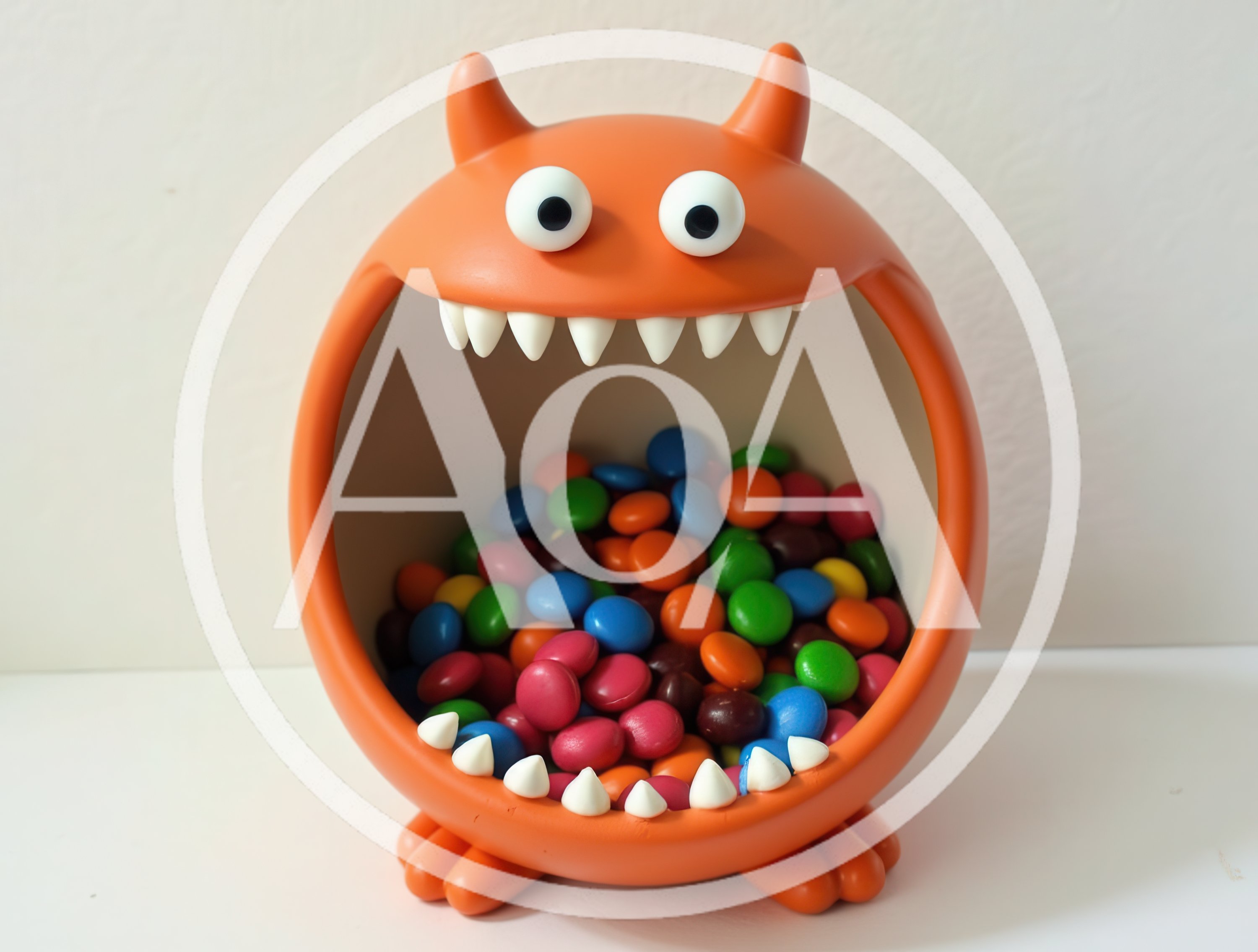 Orange Monster Candy Bowl Filled With Colorful Chocolate Candies