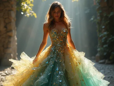 Woman In Sparkling Gold And Teal Ballgown