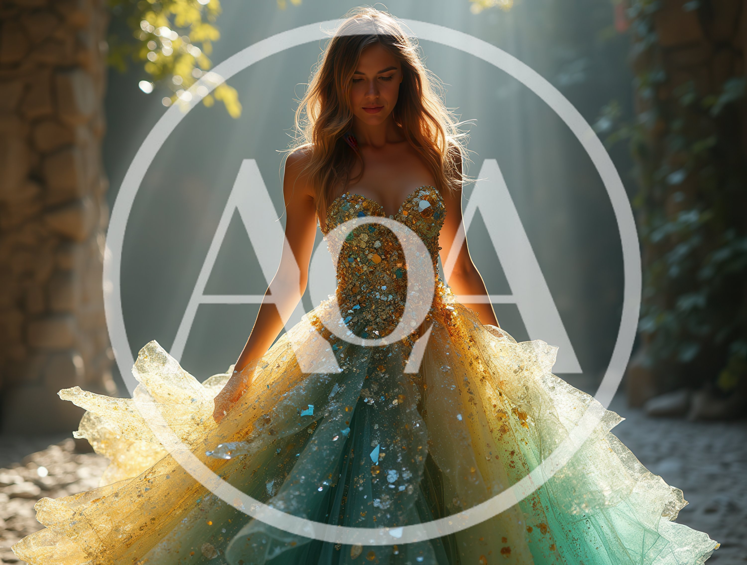 Woman In Sparkling Gold And Teal Ballgown